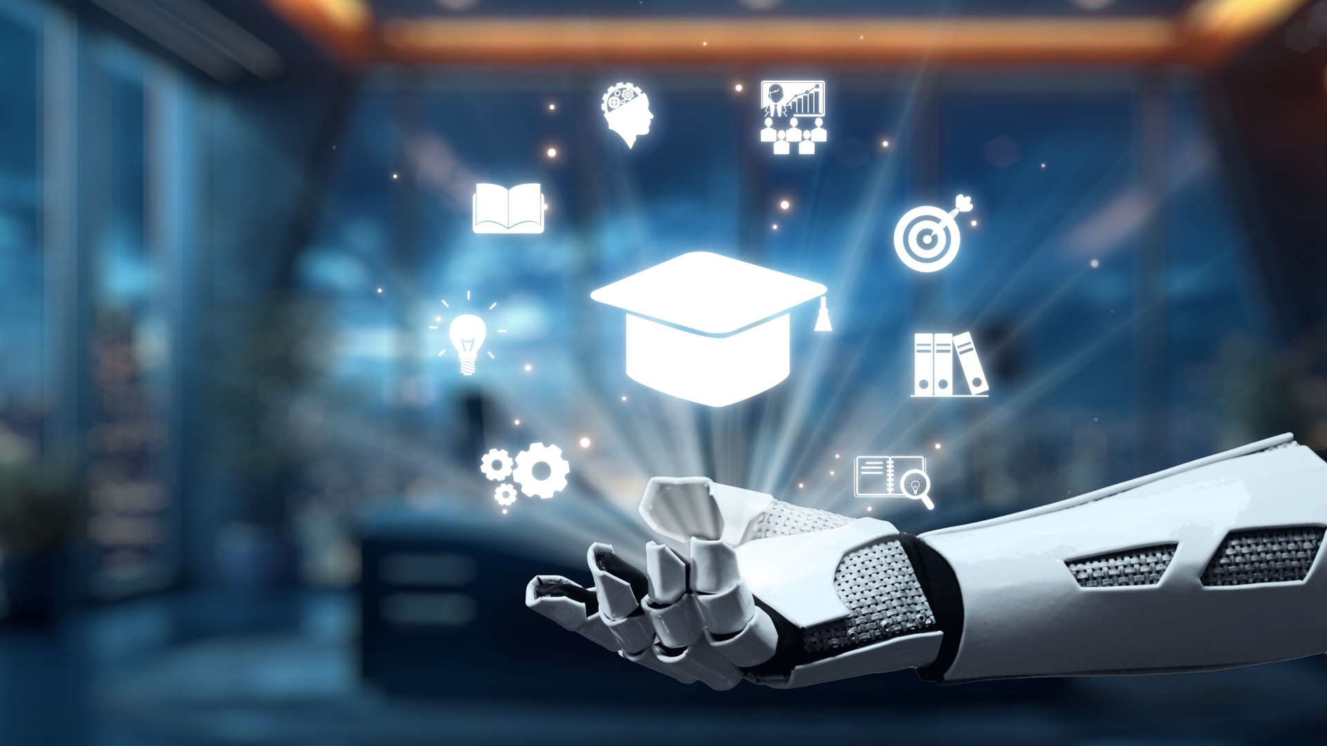 Futuristic robotic hand displaying floating educational icons in a modern office setting with glowing effects and a professional atmosphere. Auvana