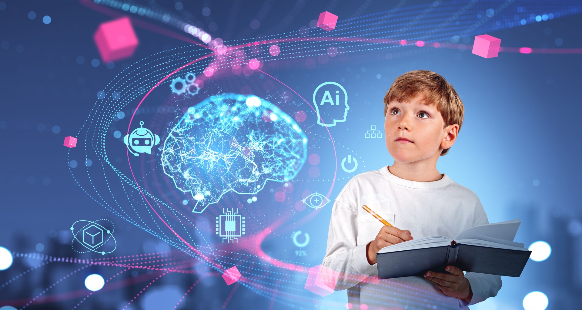 Boy taking notes, digital AI brain hologram with icons and data